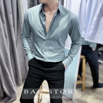 Áo sơ mi nam dài tay sọc ẩn xanh rêu thương hiệu BAP STORE kẻ sọc xanh rêu sang trọng chất liệu không nhăn form trẻ trung slimfit 2023