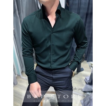 Áo sơ mi rêu dài tay sọc chìm cổ V cổ ý sang form ôm vừa chất vải cotton mẫu mới 2025
